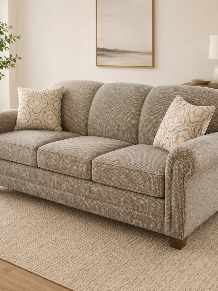 Neutral fabric sofa with rolled arms, three seat cushions, and decorative accent pillows in a bright living room setting.