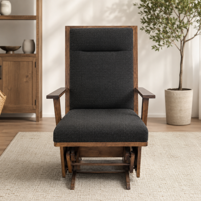Amish handcrafted Mission-style glider chair with dark upholstered cushions and solid wood frame