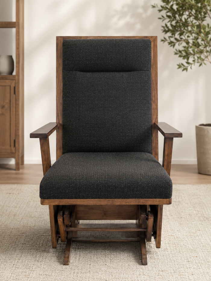 Amish handcrafted Mission-style glider chair with dark upholstered cushions and solid wood frame