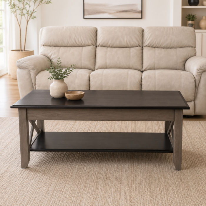 Rustic two-tone rectangular coffee table with lower storage shelf and X-frame side accents on a white background