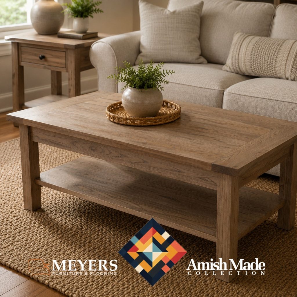 Amish-made wood coffee table with lower shelf in a warm living room setting