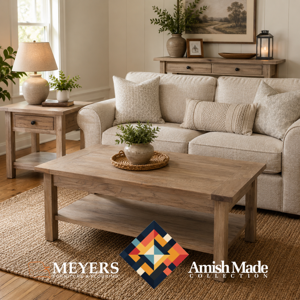 See the new Amish-made living room table collection now arriving at Meyers Furniture & Flooring, including a coffee table, side table, and sofa table.