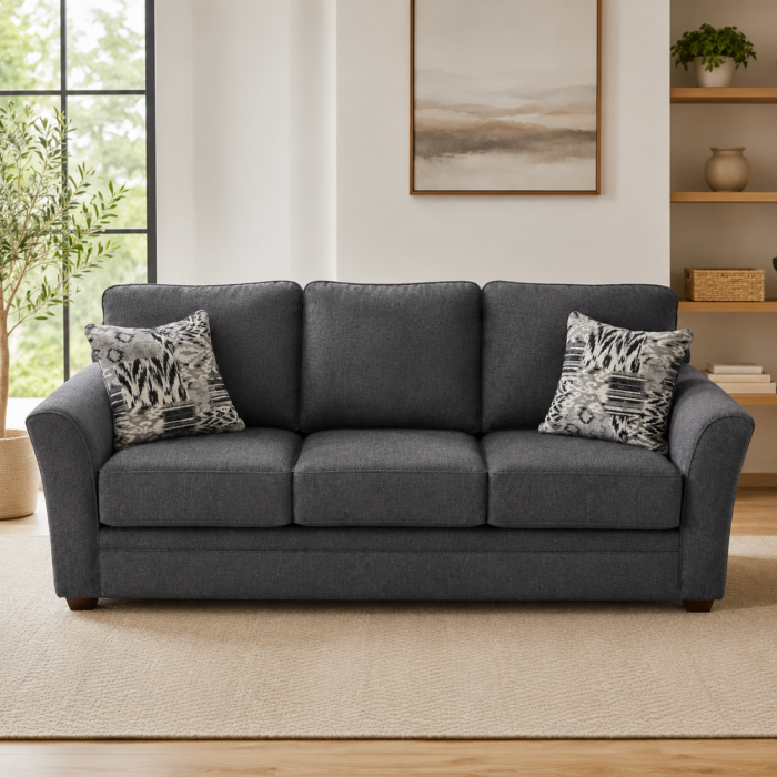 Charcoal gray three-cushion upholstered sofa with patterned accent pillows in a bright modern living room.