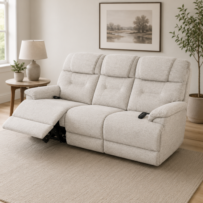 Flexsteel Zecliner power reclining sofa with heat, massage, adjustable headrests, lumbar support, and reclining footrest in a neutral fabric