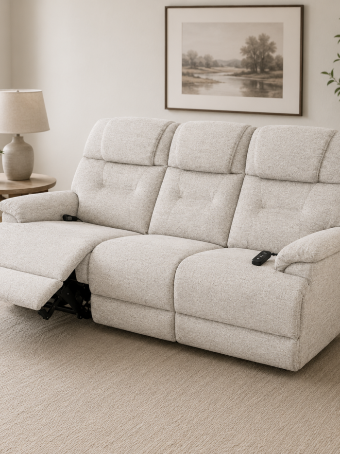Flexsteel Zecliner power reclining sofa with heat, massage, adjustable headrests, lumbar support, and reclining footrest in a neutral fabric