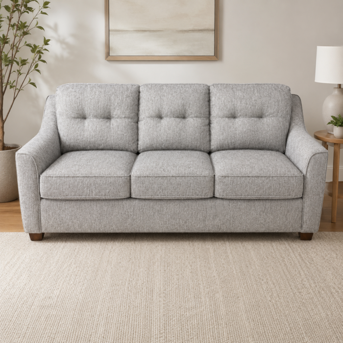 Bestcraft 6401 fabric sofa in Hail Fox Dove with semi-attached back cushions and neutral upholstery.