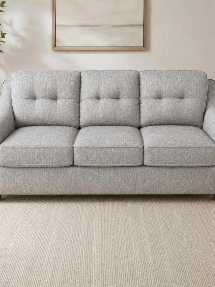 Bestcraft 6401 fabric sofa in Hail Fox Dove with semi-attached back cushions and neutral upholstery.