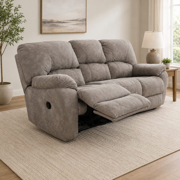 Homestretch reclining sofa in Canyon Fog RELIAPEL performance fabric with manual reclining seat and plush cushioning.