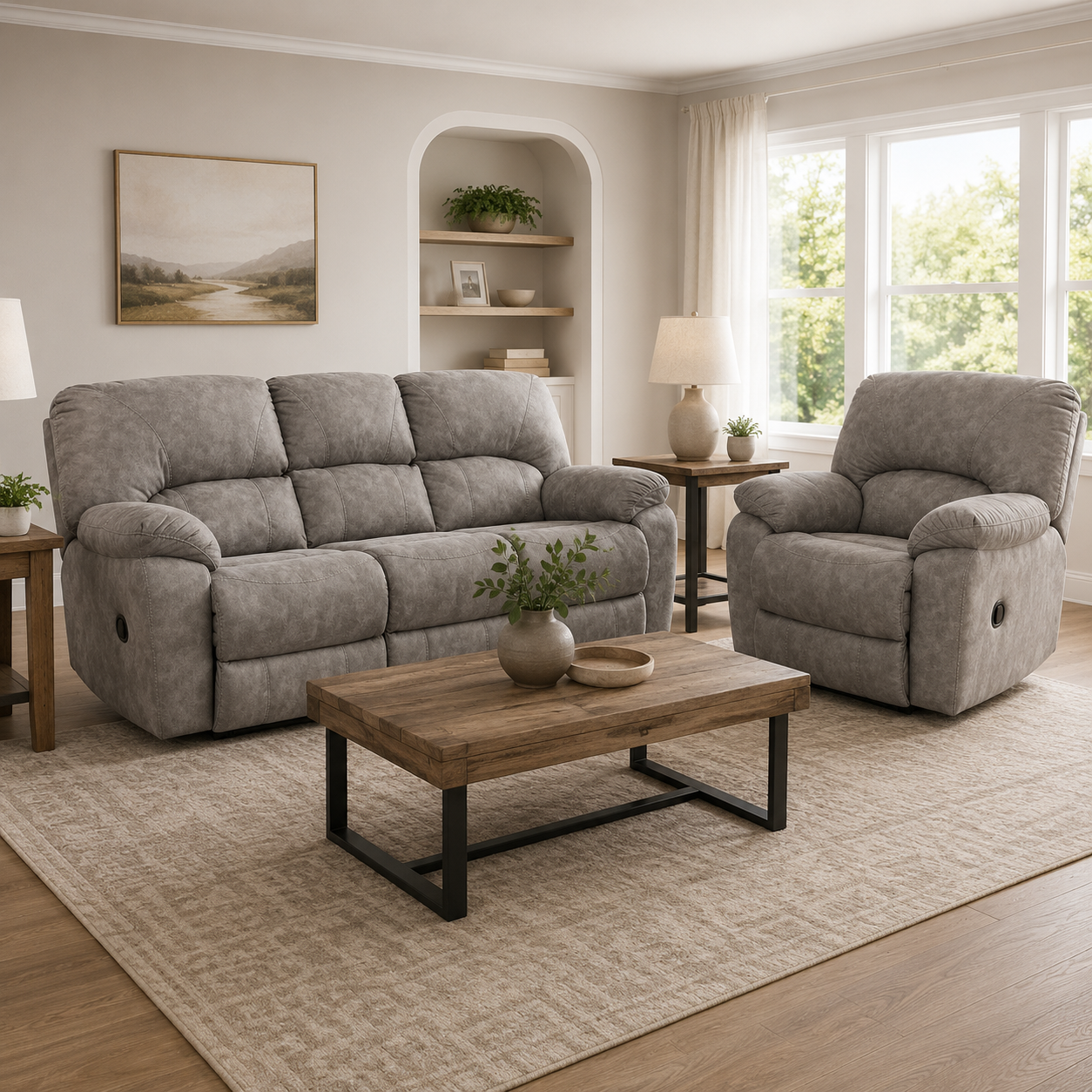 Plush Light Grey Manual Reclining Sofa - Image 2
