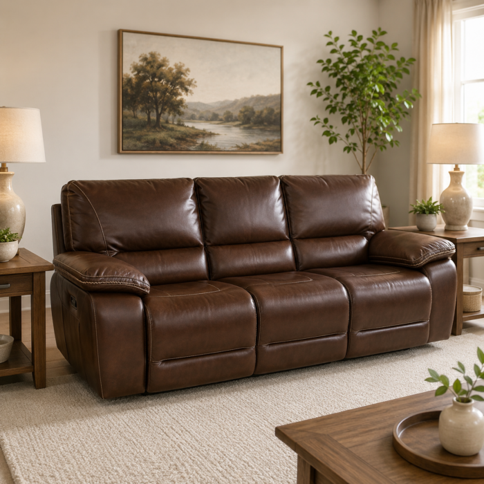 Parker House Motion Vail leather power reclining sofa with adjustable headrests and built-in charging ports