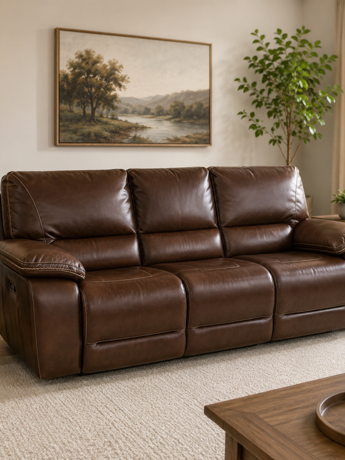 Parker House Motion Vail leather power reclining sofa with adjustable headrests and built-in charging ports
