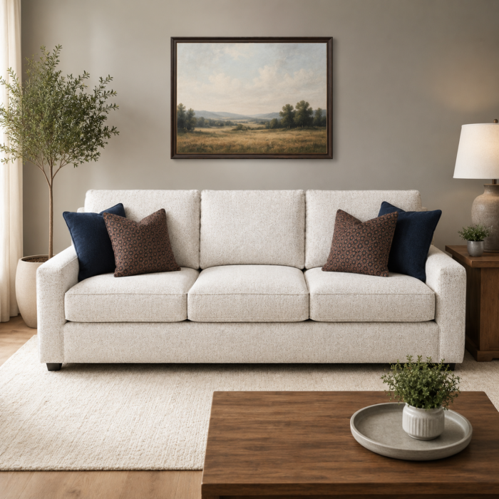 Flexsteel Milo stationary sofa with textured light upholstery and customizable accent pillows.