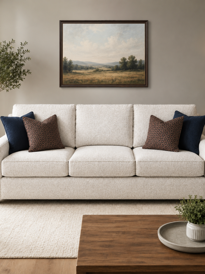 Flexsteel Milo stationary sofa with textured light upholstery and customizable accent pillows.