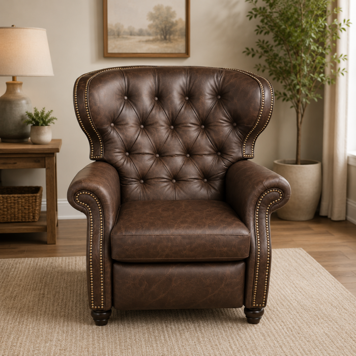 Handcrafted Amish leather power recliner with tufted back, nailhead trim, and genuine brown leather upholstery.