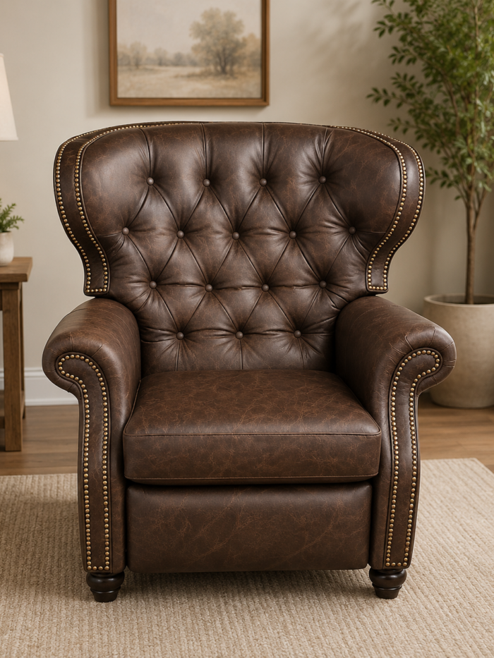 Handcrafted Amish leather power recliner with tufted back, nailhead trim, and genuine brown leather upholstery.