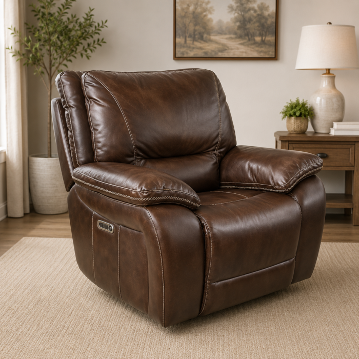Parker House Motion Vail leather power reclining chair with adjustable headrest and side charging ports.