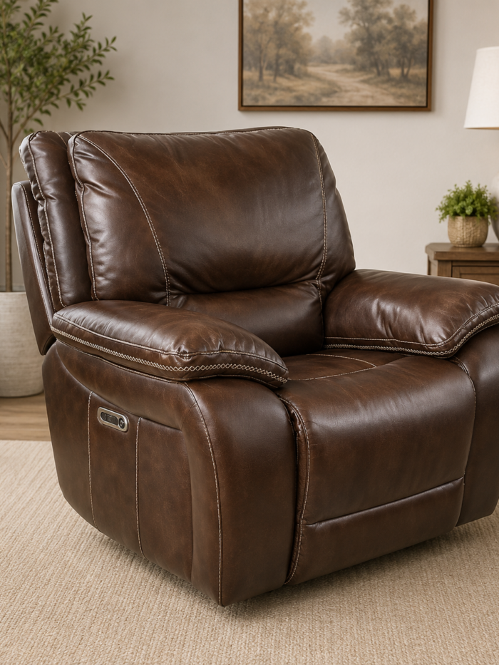 Parker House Motion Vail leather power reclining chair with adjustable headrest and side charging ports.