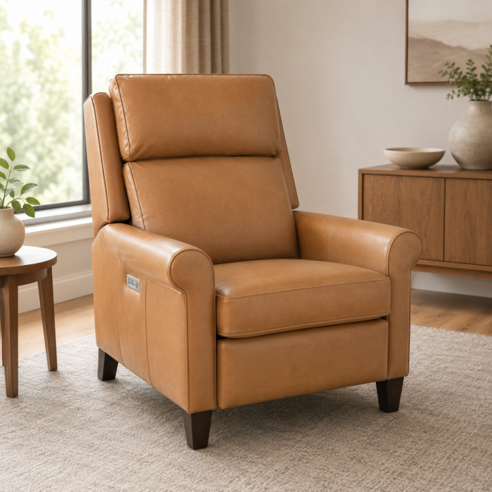 Tan leather power recliner with rolled arms and a high supportive back in a modern living room setting.