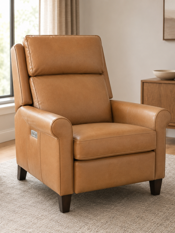 Tan leather power recliner with rolled arms and a high supportive back in a modern living room setting.