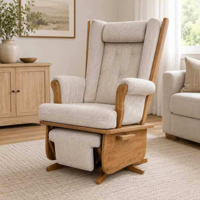 Neutral upholstered glider recliner with warm wood accents and reclining footrest on a soft modern living room background.