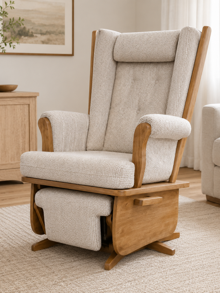 Neutral upholstered glider recliner with warm wood accents and reclining footrest on a soft modern living room background.