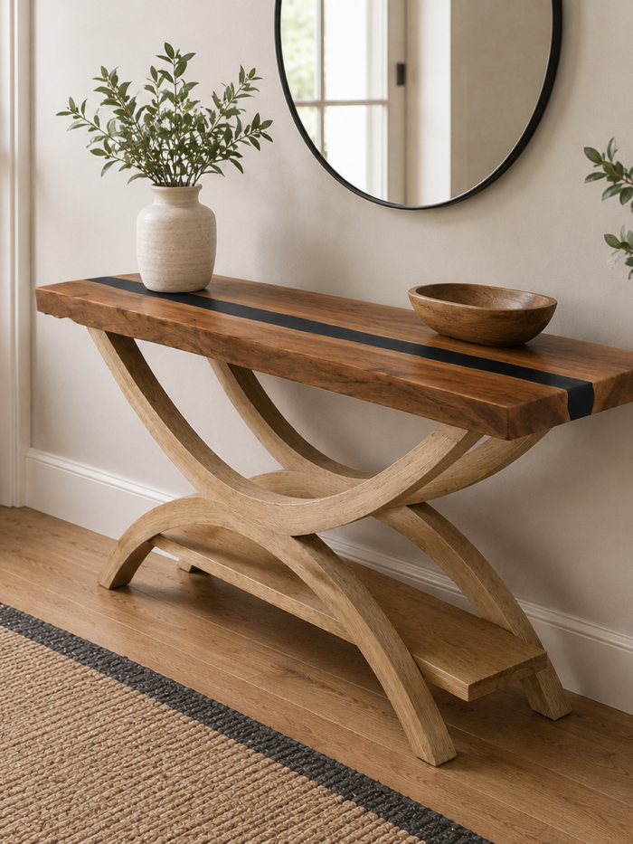 Handcrafted wood sofa table with black resin river detail and curved sculptural base in a modern entryway setting