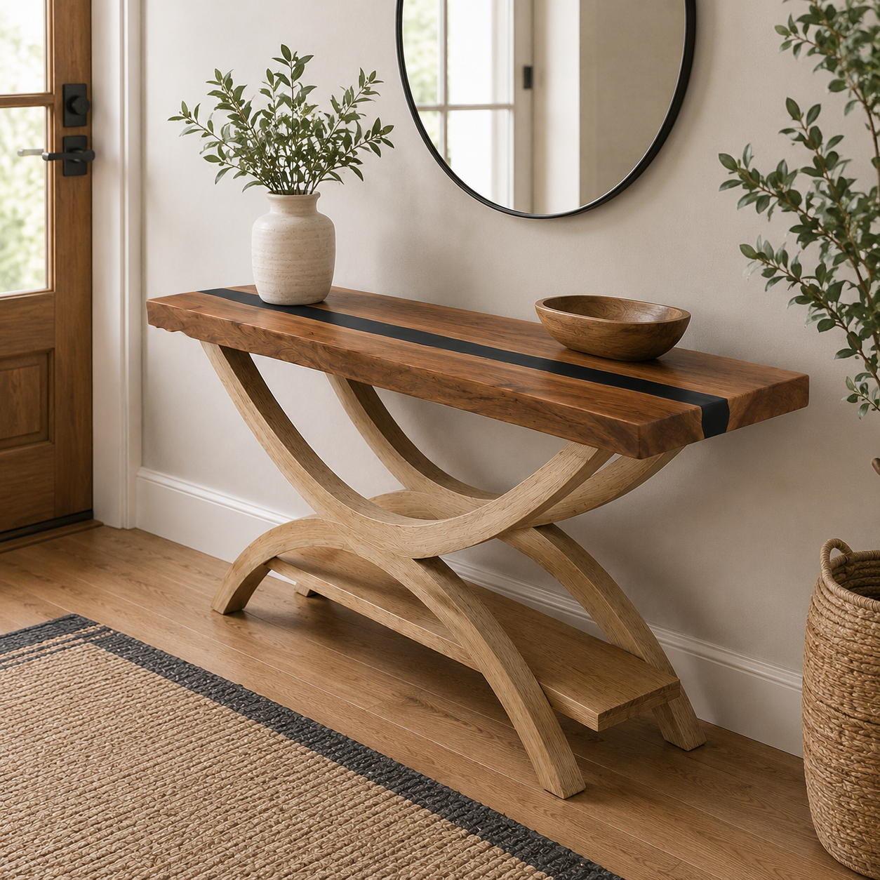 Handcrafted wood sofa table with black resin river detail and curved sculptural base in a modern entryway setting