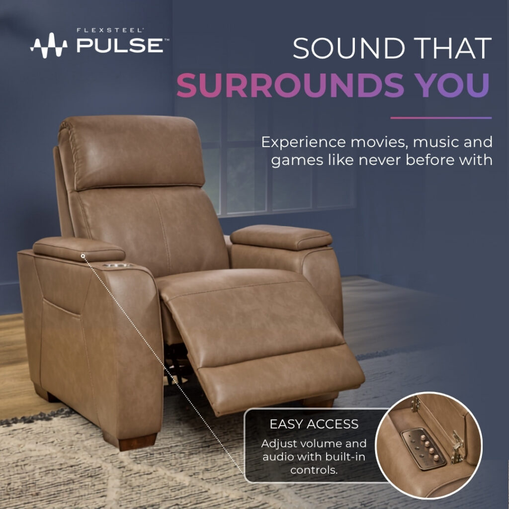 Flexsteel Pulse promotional graphic highlighting immersive sound with a reclining sectional in a living room.