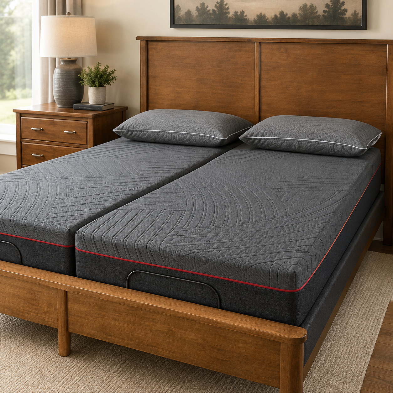 MLily PowerCool memory foam mattress with cooling technology displayed on an adjustable base with built-in cooling fans.
