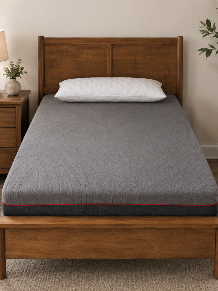 MLily PowerCool memory foam mattress with cooling technology displayed on an adjustable base with built-in cooling fans.