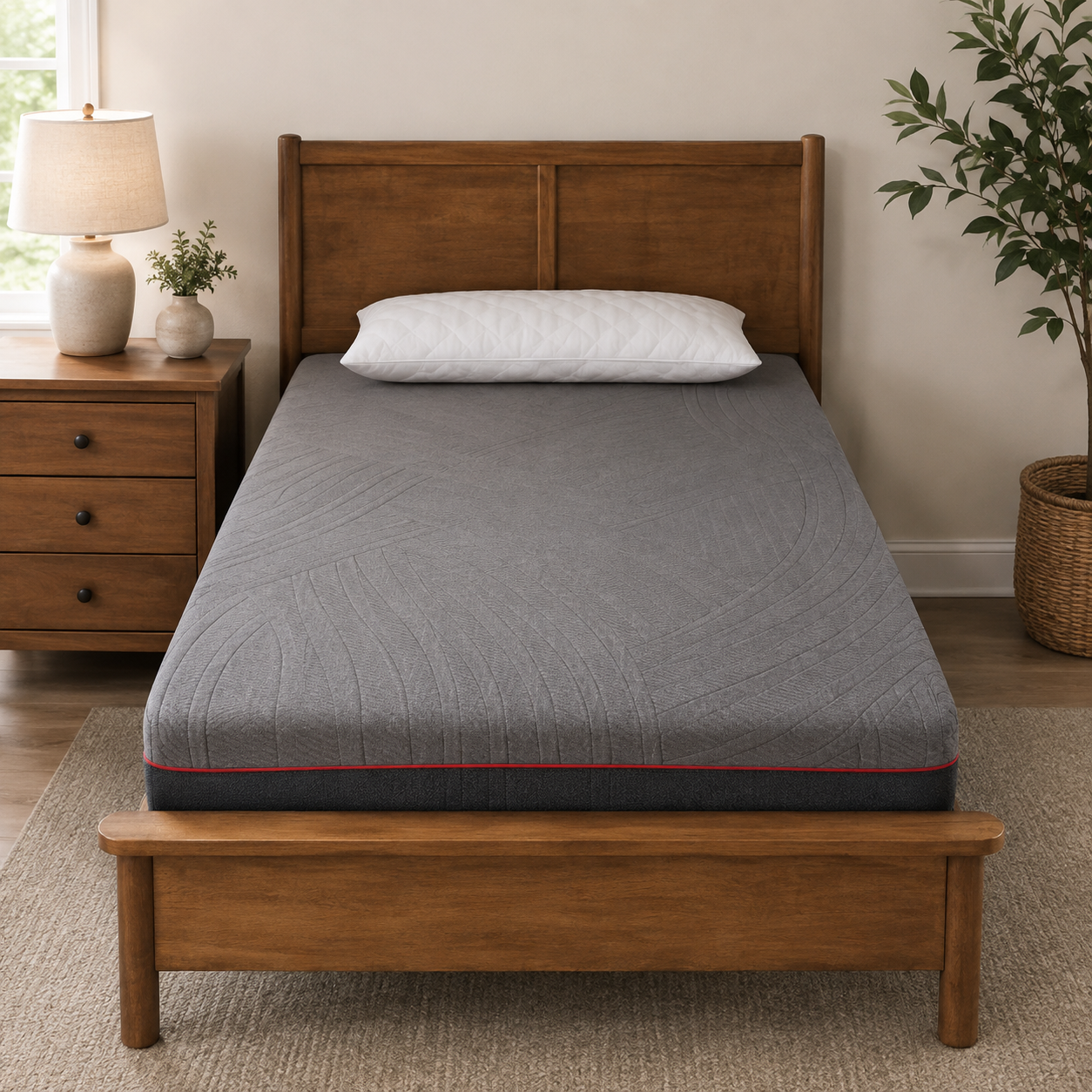 MLily PowerCool memory foam mattress with cooling technology displayed on an adjustable base with built-in cooling fans.