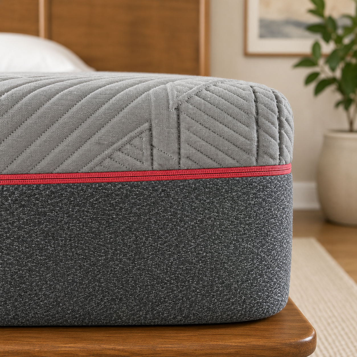 MLily PowerCool memory foam mattress with cooling technology displayed on an adjustable base with built-in cooling fans.