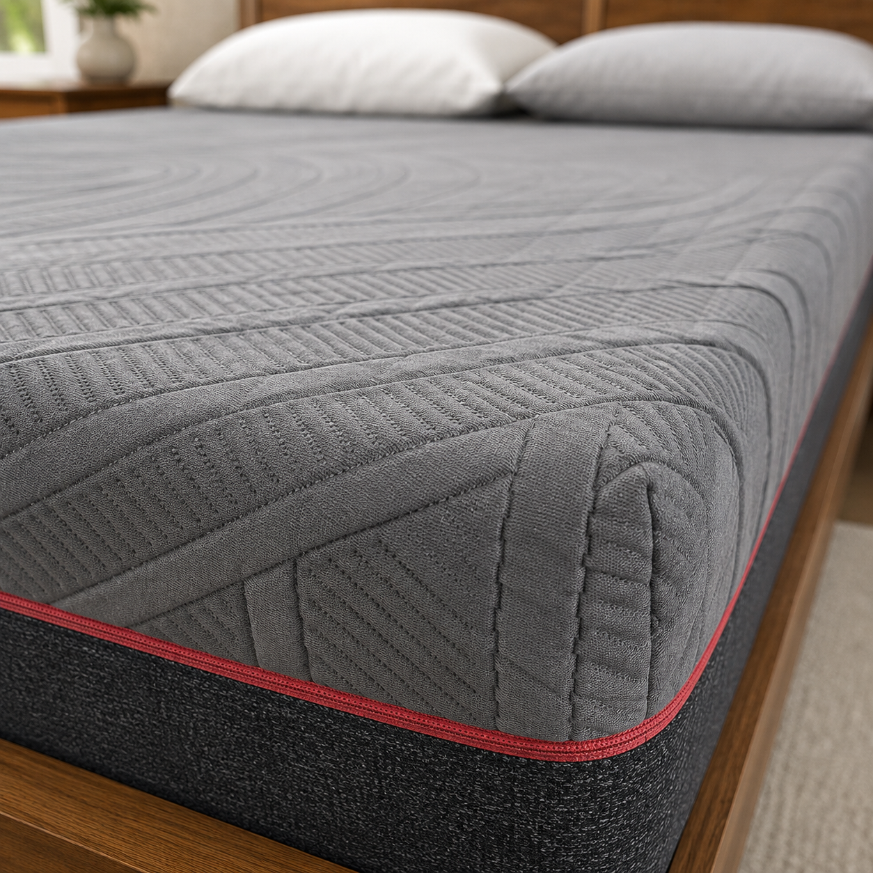 MLily PowerCool memory foam mattress with cooling technology displayed on an adjustable base with built-in cooling fans.
