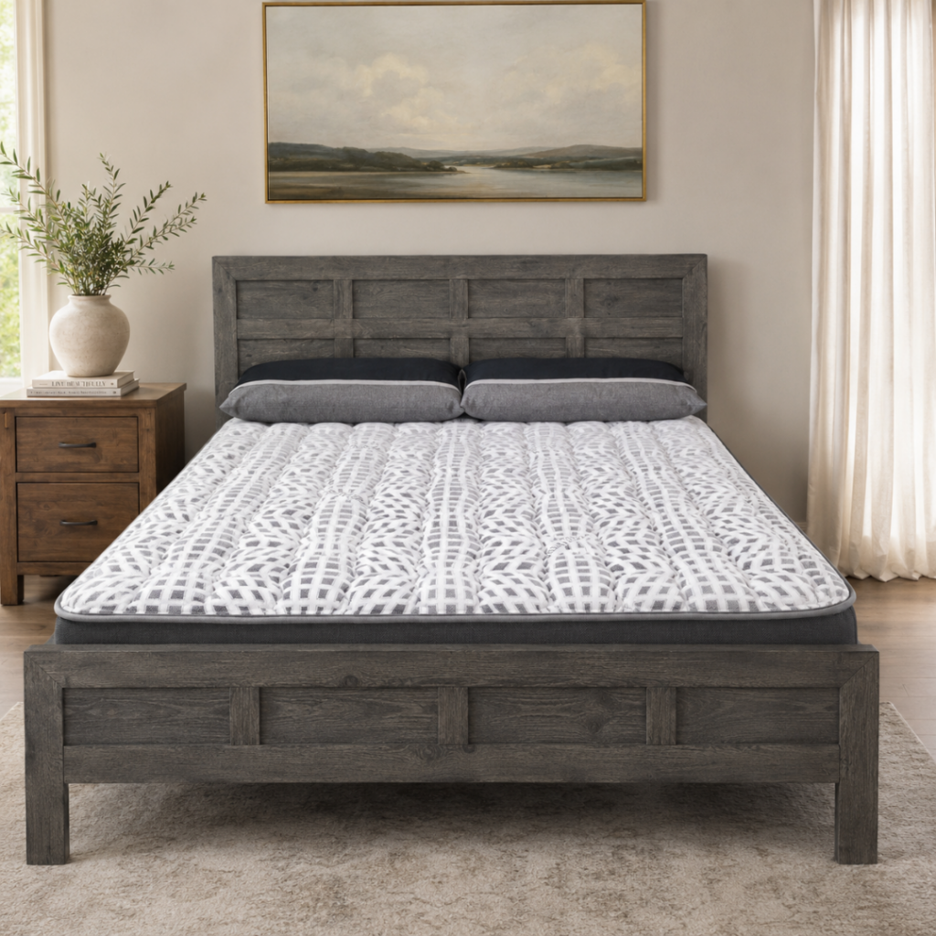 Spring Air Prestige Brick Firm mattress displayed on a rustic gray wood bed frame