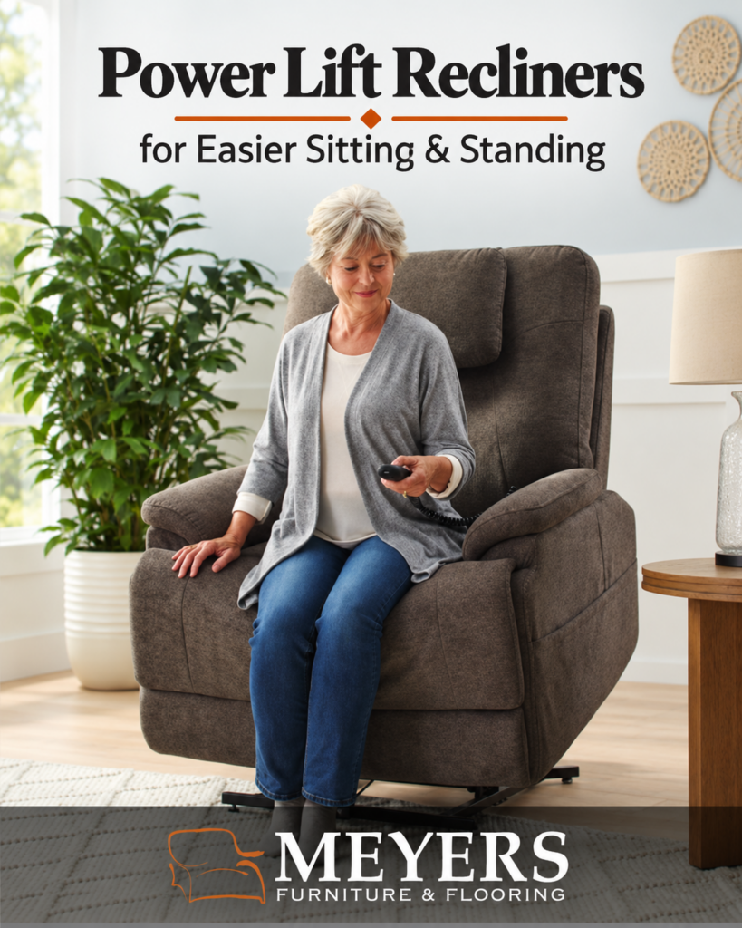 Woman using a handheld remote while seated in a power lift recliner