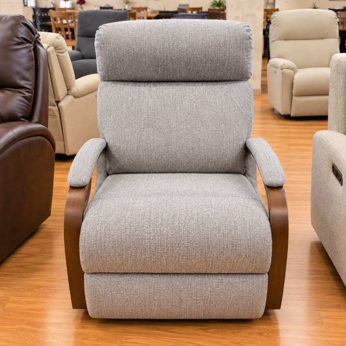 Best Home Furnishings silver gray recliner with open brown curved arms and a broad upper back cushion