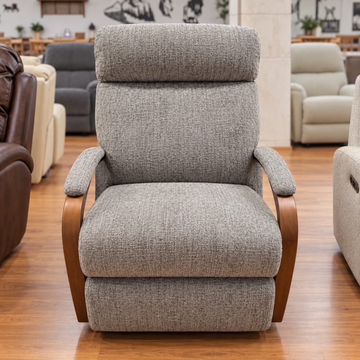 Best Home Furnishings gray tweed-look recliner with exposed brown curved arms and padded arm tops