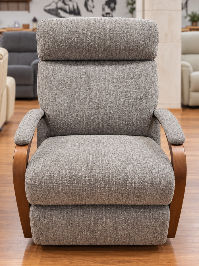 Best Home Furnishings gray tweed-look recliner with exposed brown curved arms and padded arm tops