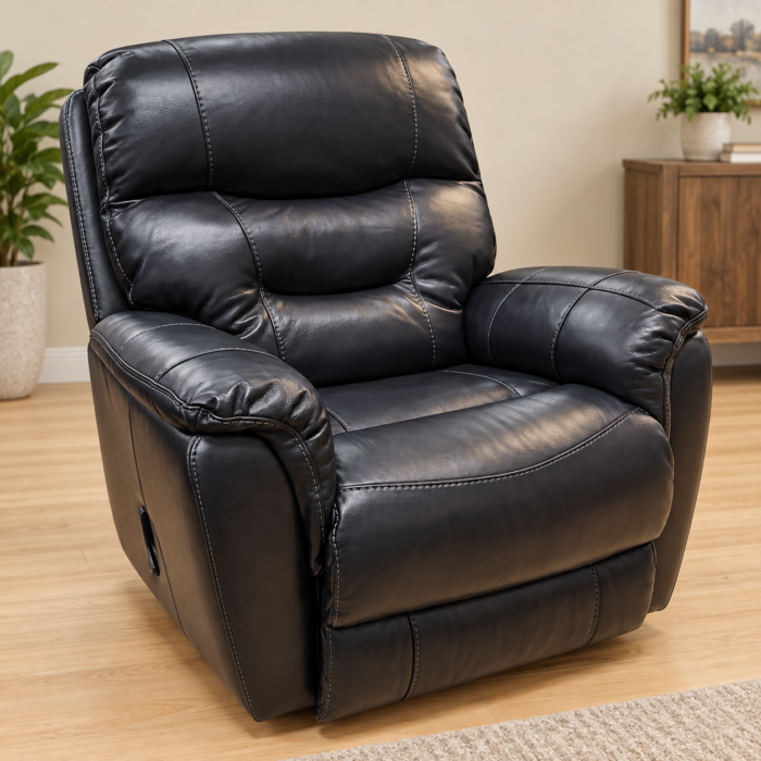 HomeStretch black recliner with a segmented pillow back, plush arms and light contrast stitching