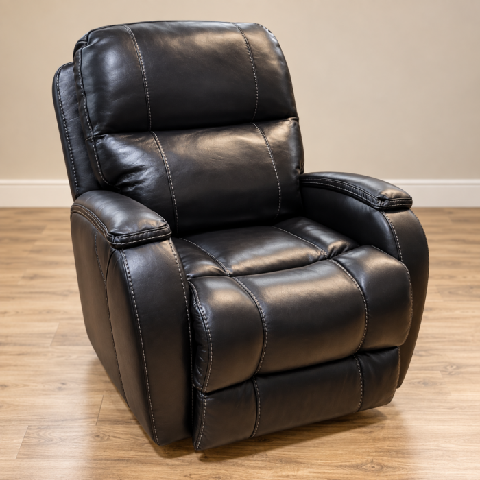HomeStretch black recliner with slim padded arm tops and light contrast stitching around the back and seat