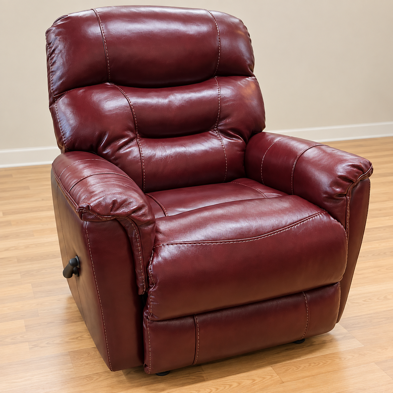 HomeStretch burgundy recliner with pillow arms, tiered back cushions, contrast stitching and a side lever