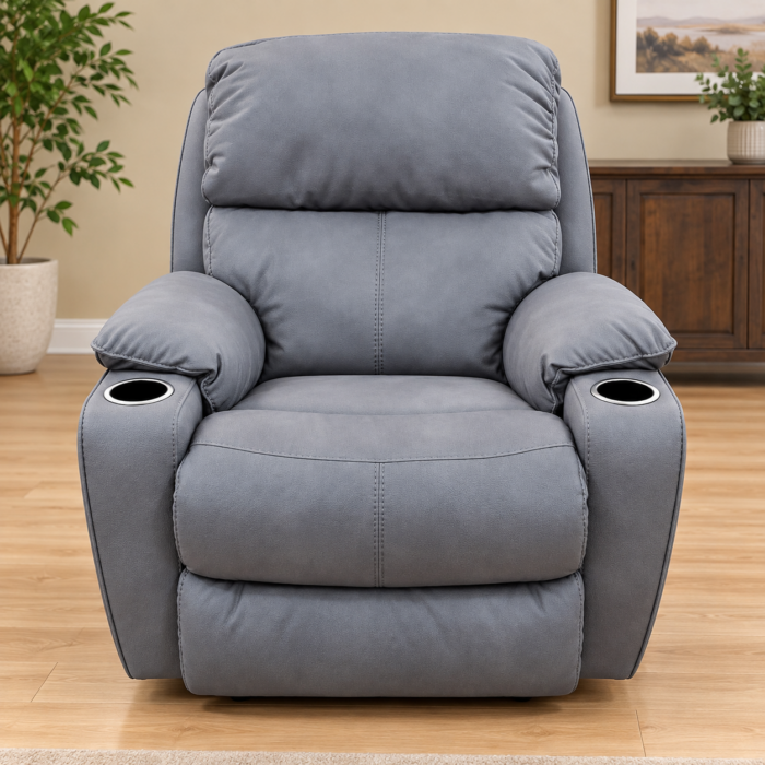 HomeStretch gray recliner with dual cupholders, rounded pillow arms and a split cushioned back