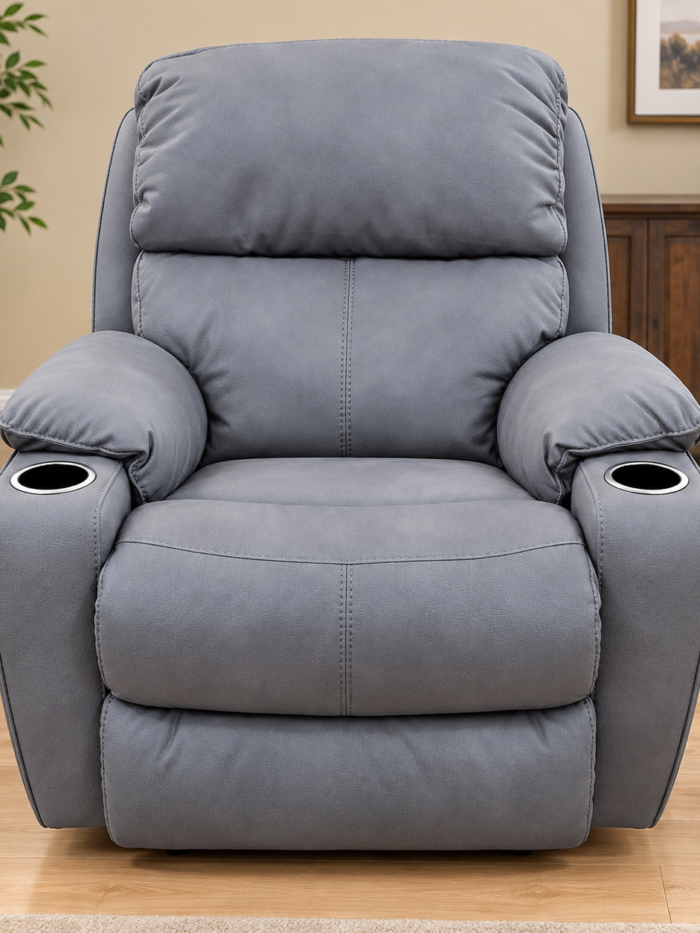 HomeStretch gray recliner with dual cupholders, rounded pillow arms and a split cushioned back