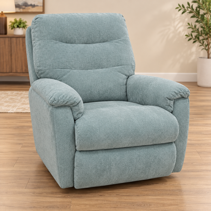 HomeStretch sage upholstered recliner with a softly segmented back and rounded padded arms