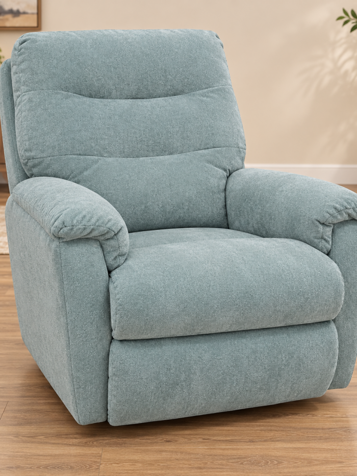 HomeStretch sage upholstered recliner with a softly segmented back and rounded padded arms