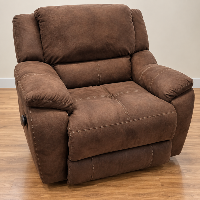 HomeStretch warm brown recliner with pillow-top arms, a broad cushioned back and contrast stitching