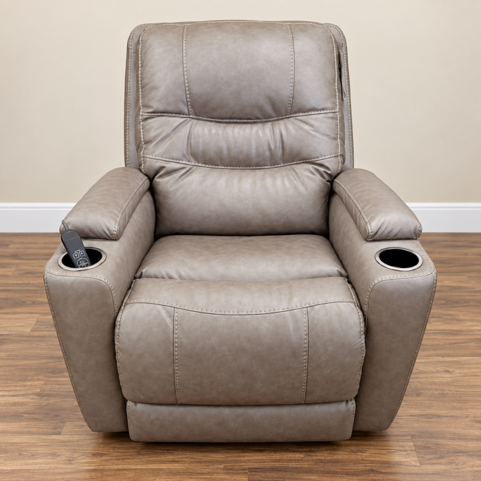 HomeStretch taupe power recliner with two cupholders, handheld control and contrast stitching