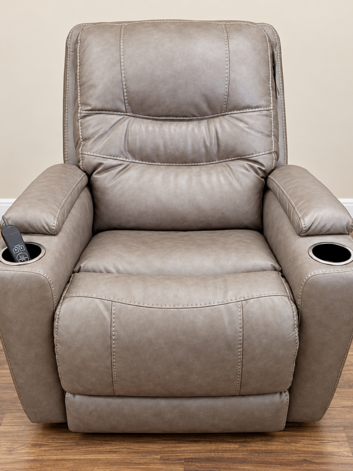 HomeStretch taupe power recliner with two cupholders, handheld control and contrast stitching