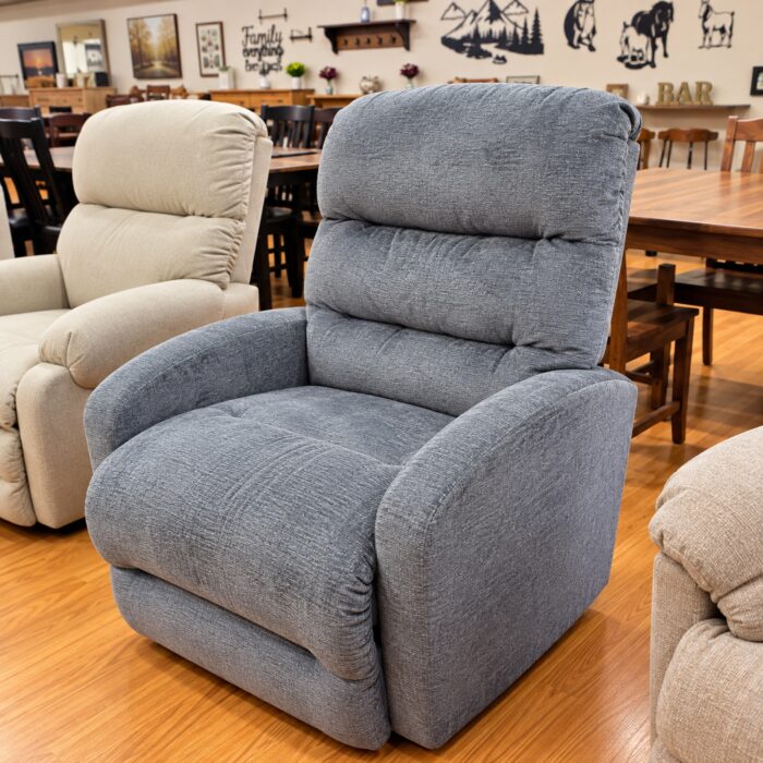 Best Home Furnishings slate gray recliner with three cushioned back sections and rounded upholstered arms