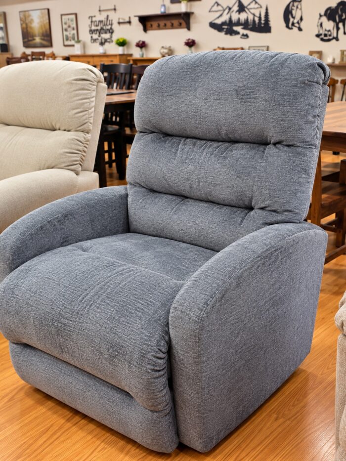 Best Home Furnishings slate gray recliner with three cushioned back sections and rounded upholstered arms